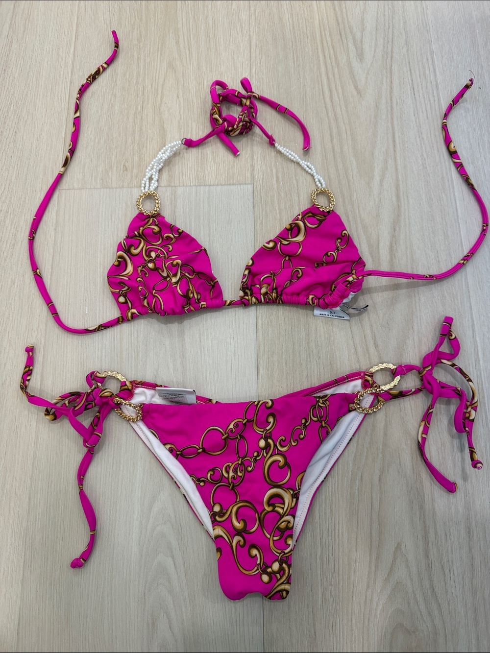 Beach Bunny 🐰 hot pink pearl Women's Pink Chain-Print String Bikini